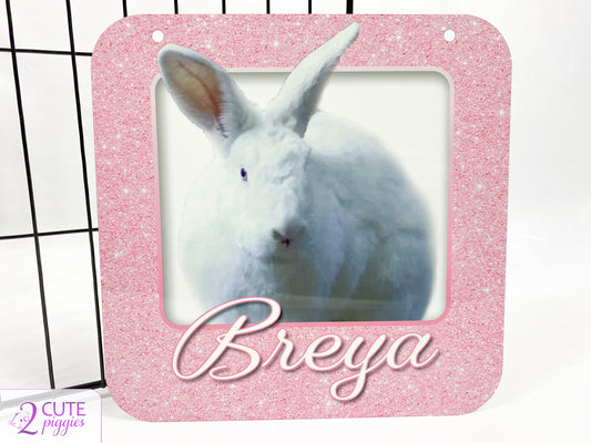 Bunny Rabbit Name Tag with Picture of Your Rabbit - 3-D Effect Glitter - Cage Tag 8"x8"