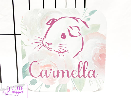 Guinea Pig Name Tag - GP Face Outline with Roses - 5.5"x5.5"